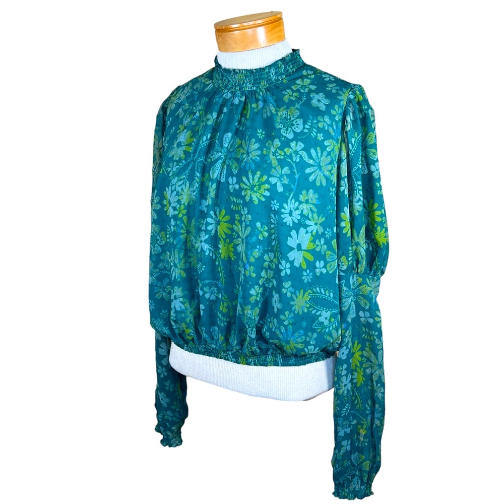 Free People “Sea Combo” Swiss Dot Sheer Blouse Balloon Sleeves Oversized…